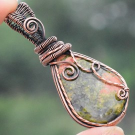 Unakite Gemstone Handmade Copper Wire Wrapped Pendant Jewelry 2.56 Inch BZ-292