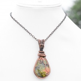Unakite Gemstone Handmade Copper Wire Wrapped Pendant Jewelry 2.56 Inch BZ-292