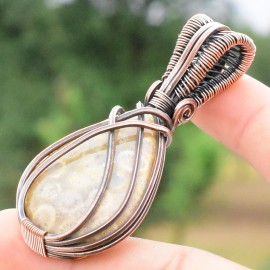 Fossil Coral Gemstone Handmade Copper Wire Wrapped Pendant Jewelry 2.36" BZ-301