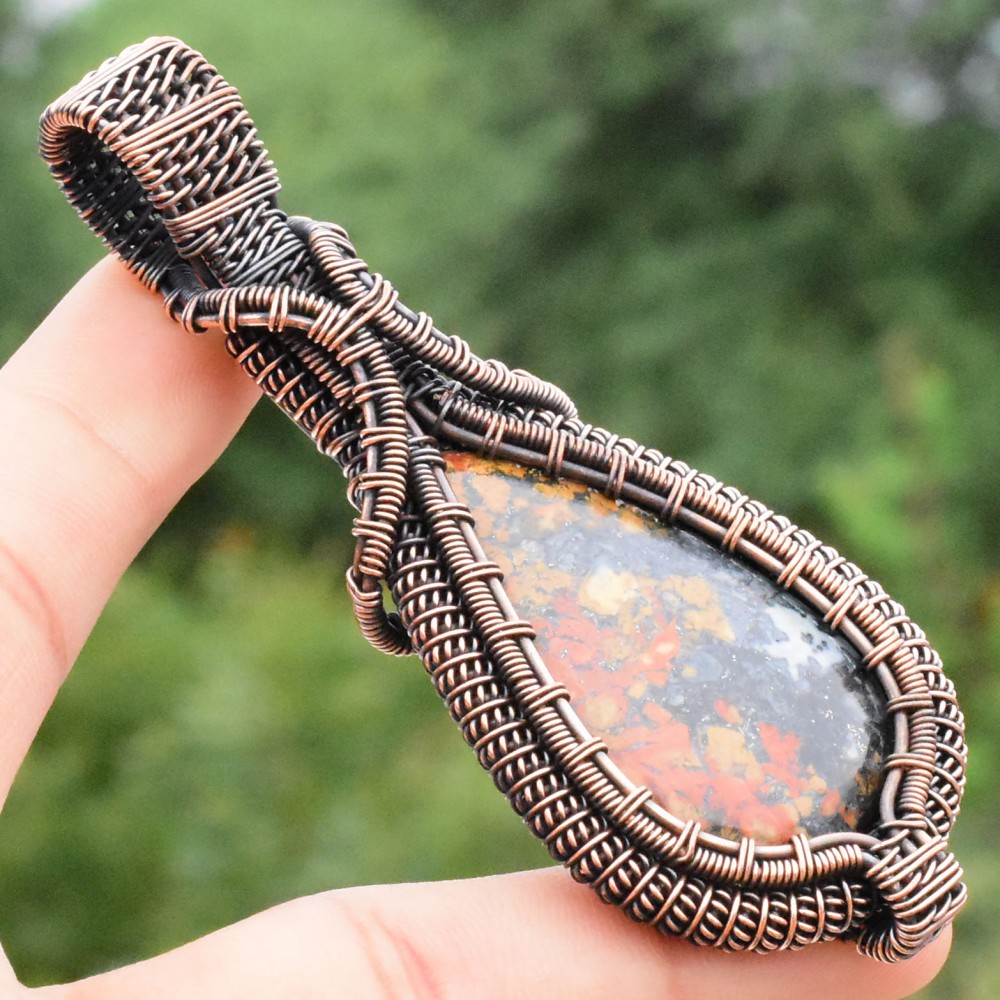 Maligano Jasper Gemstone Handmade Copper Wire Wrapped Pendant Jewelry 3.15 Inch BZ-313