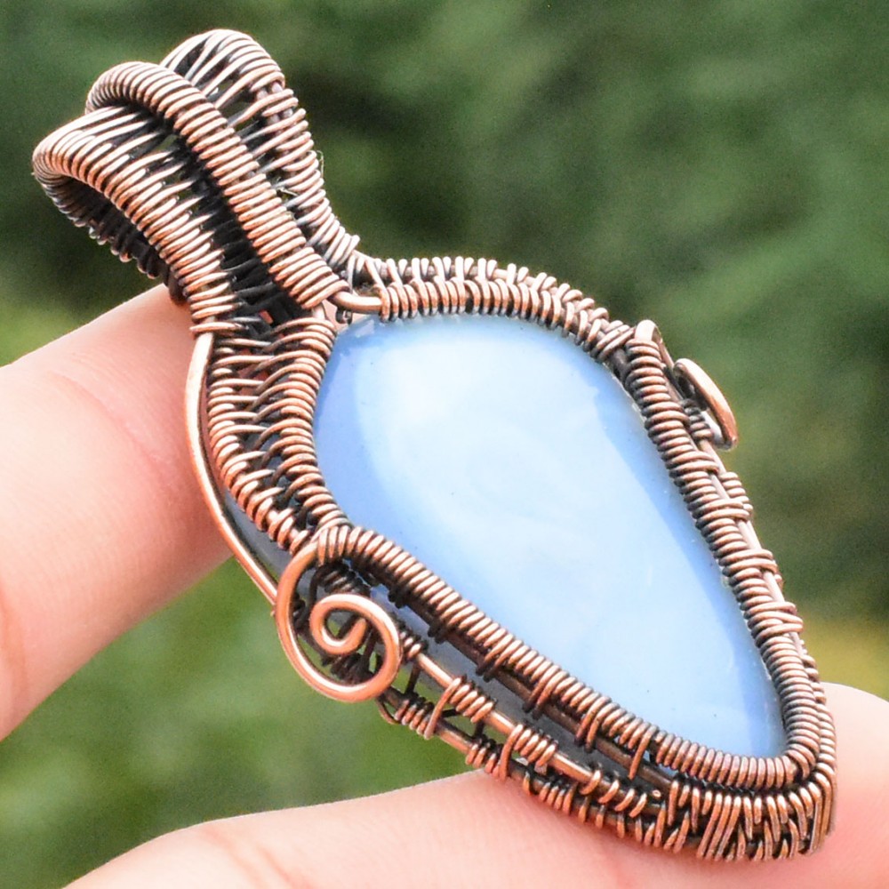 Blue Opal Gemstone Handmade Copper Wire Wrapped Pendant Jewelry 2.17 Inch BZ-314