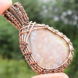 Crazy Lace Agate Gemstone Handmade Copper Wire Wrapped Pendant Jewelry 2.36" BZ-315