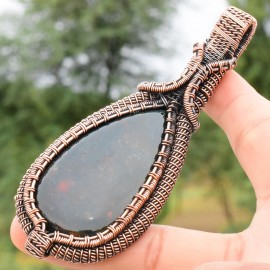 Blood Stone Gemstone Handmade Copper Wire Wrapped Pendant Jewelry 3.94 Inch BZ-335
