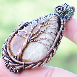 Fossil Coral Gemstone Handmade Copper Wire Wrapped Pendant Jewelry 2.56" BZ-366
