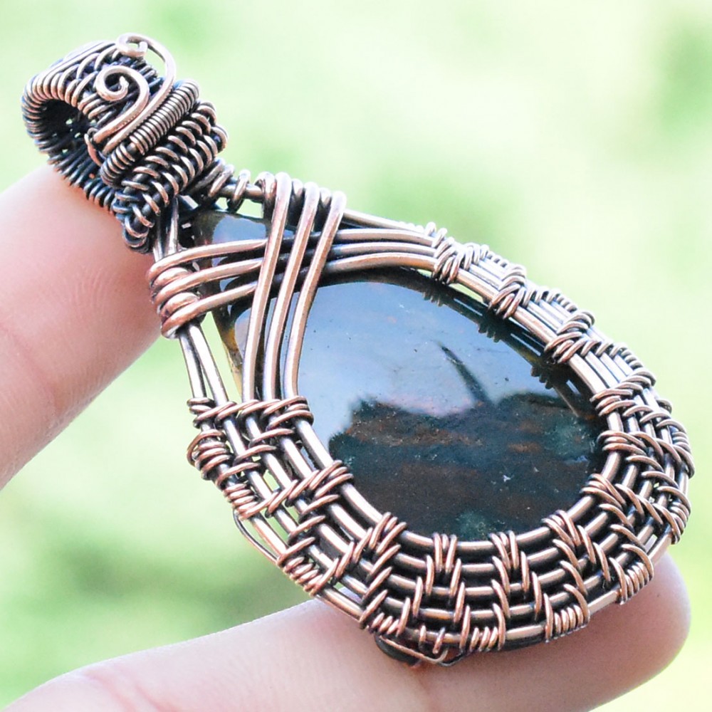 Blood Stone Gemstone Handmade Copper Wire Wrapped Pendant Jewelry 2.17 Inch BZ-392