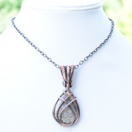 Fossil Coral Gemstone Handmade Copper Wire Wrapped Pendant Jewelry 2.36" BZ-412