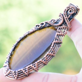 Tiger Eye Gemstone Handmade Copper Wire Wrapped Pendant Jewelry 3.35 Inch BZ-442