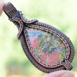Unakite Gemstone Handmade Copper Wire Wrapped Pendant Jewelry 3.35 Inch BZ-445