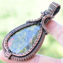 Unakite Gemstone Handmade Copper Wire Wrapped Pendant Jewelry 3.35 Inch BZ-458