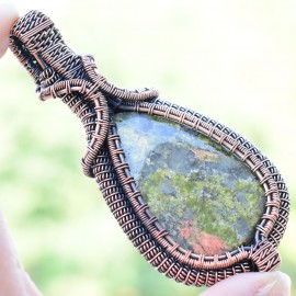 Unakite Gemstone Handmade Copper Wire Wrapped Pendant Jewelry 3.35 Inch BZ-458