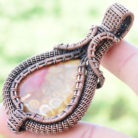 Fossil Coral Gemstone Handmade Copper Wire Wrapped Pendant Jewelry 2.76" BZ-466