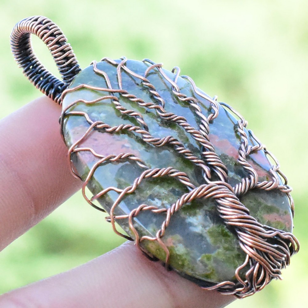 Unakite Gemstone Handmade Copper Wire Wrapped Pendant Jewelry 2.17 Inch BZ-492