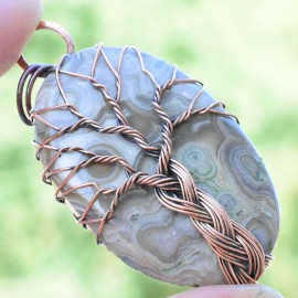 Crazy Lace Agate Gemstone Handmade Copper Wire Wrapped Pendant Jewelry 2.36" BZ-493