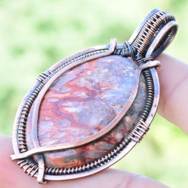 Crazy Lace Agate Gemstone Handmade Copper Wire Wrapped Pendant Jewelry 2.36" BZ-501