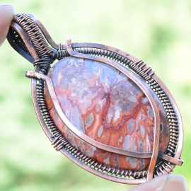 Crazy Lace Agate Gemstone Handmade Copper Wire Wrapped Pendant Jewelry 2.36" BZ-501