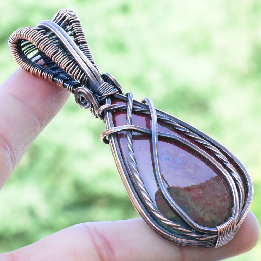 Ocean Jasper Gemstone Handmade Copper Wire Wrapped Pendant Jewelry 2.76" BZ-519