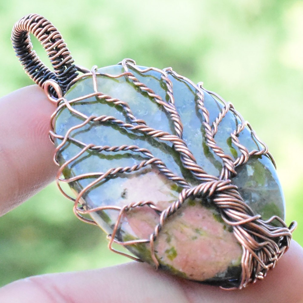 Unakite Gemstone Handmade Copper Wire Wrapped Pendant Jewelry 2.17 Inch BZ-535