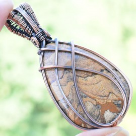 Picture Jasper Gemstone Handmade Copper Wire Wrapped Pendant Jewelry 2.96 Inch BZ-560
