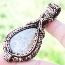 Fossil Coral Gemstone Handmade Copper Wire Wrapped Pendant Jewelry 2.76" BZ-575