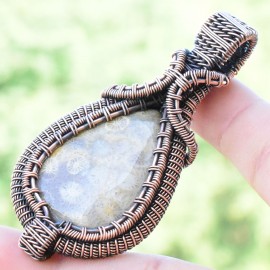 Fossil Coral Gemstone Handmade Copper Wire Wrapped Pendant Jewelry 2.76" BZ-576