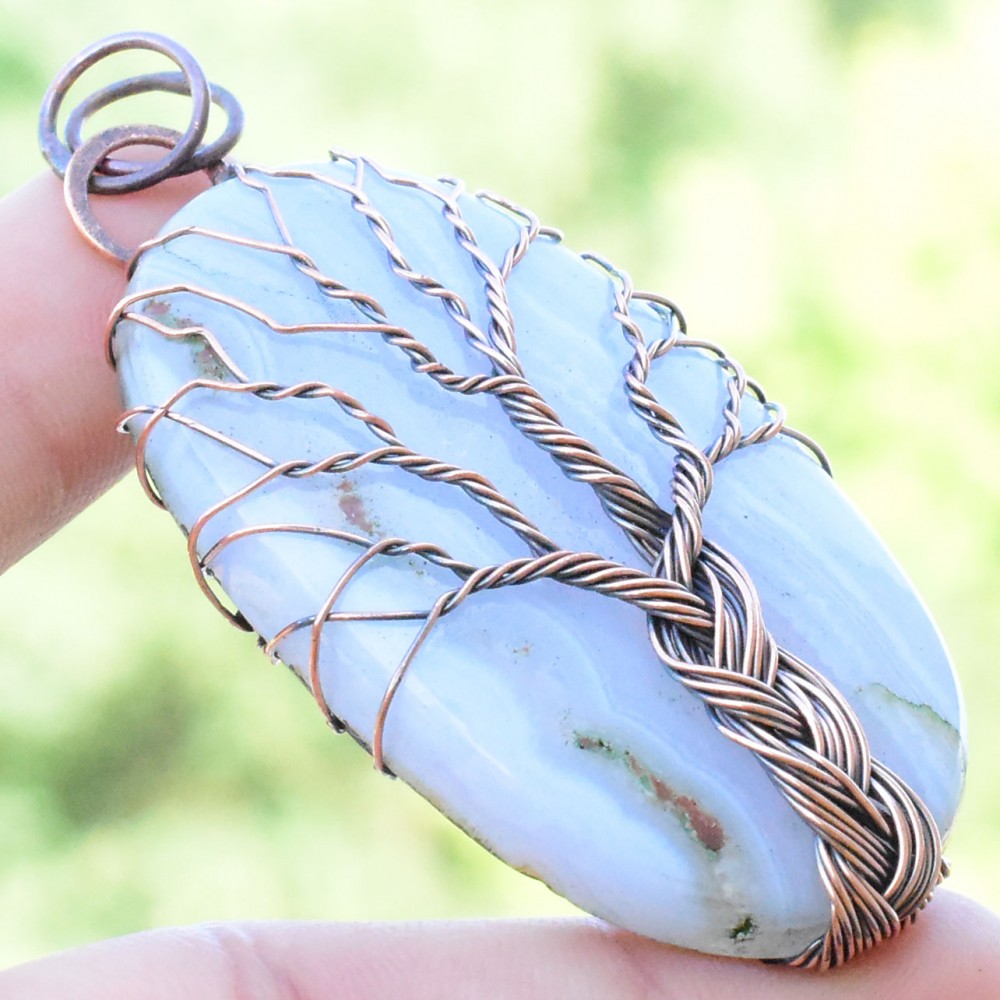 Blue Lace Agate Gemstone Handmade Copper Wire Wrapped Pendant Jewelry 2.76 Inch BZ-586