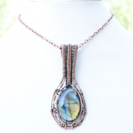 Labradorite Gemstone Handmade Copper Wire Wrapped Pendant Jewelry 3.15 Inch BZ-594