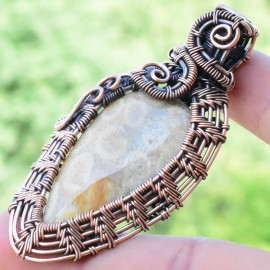 Fossil Coral Gemstone Handmade Copper Wire Wrapped Pendant Jewelry 2.56" BZ-599