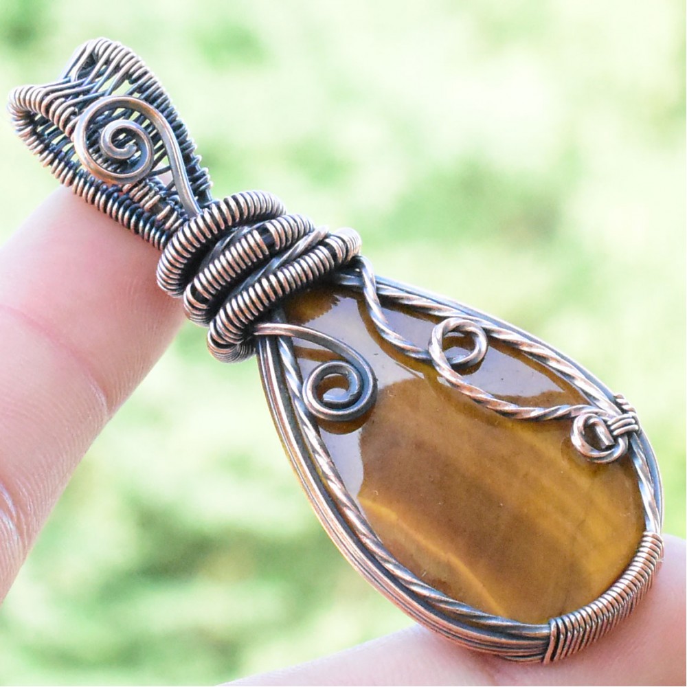 Tiger Eye Gemstone Handmade Copper Wire Wrapped Pendant Jewelry 2.36 Inch BZ-603