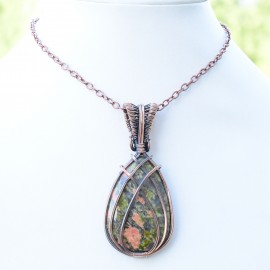 Unakite Gemstone Handmade Copper Wire Wrapped Pendant Jewelry 2.96 Inch BZ-612