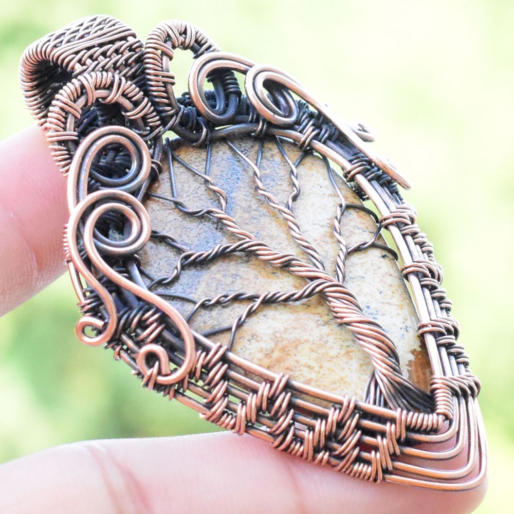 Picture Jasper Gemstone Handmade Copper Wire Wrapped Pendant Jewelry 2.56 Inch BZ-622