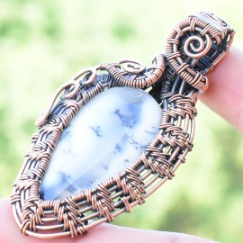 Dendrite Opal Gemstone Handmade Copper Wire Wrapped Pendant Jewelry 2.36 Inch BZ-636