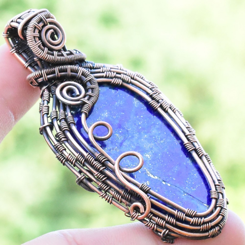 Lapis Lazuli Gemstone Handmade Copper Wire Wrapped Pendant Jewelry 2.56" BZ-647