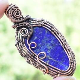Lapis Lazuli Gemstone Handmade Copper Wire Wrapped Pendant Jewelry 2.56" BZ-647
