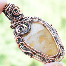 Fossil Coral Gemstone Handmade Copper Wire Wrapped Pendant Jewelry 2.17" BZ-662