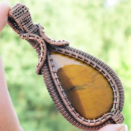 Tiger Eye Gemstone Handmade Copper Wire Wrapped Pendant Jewelry 3.35 Inch BZ-730