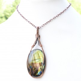 Labradorite Gemstone Handmade Copper Wire Wrapped Pendant Jewelry 3.35 Inch BZ-732