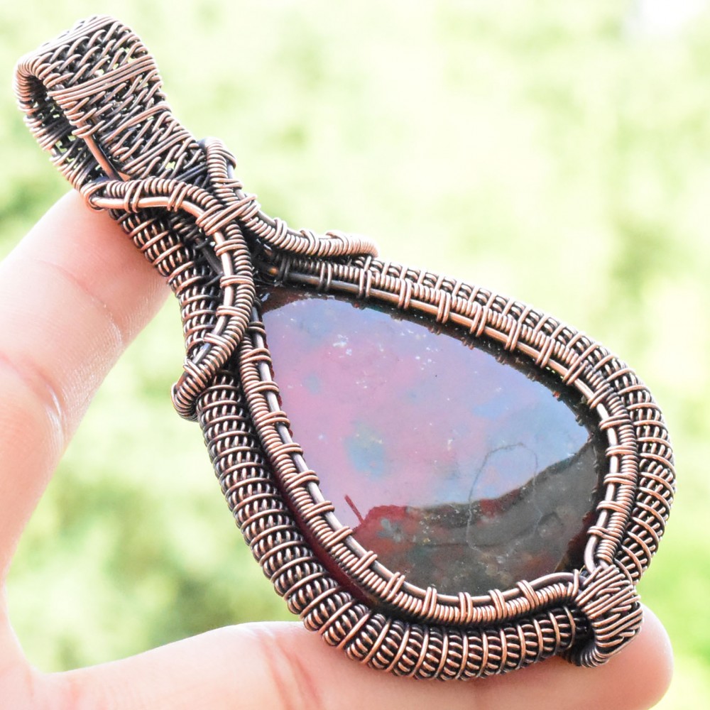 Blood Stone Gemstone Handmade Copper Wire Wrapped Pendant Jewelry 3.35 Inch BZ-739
