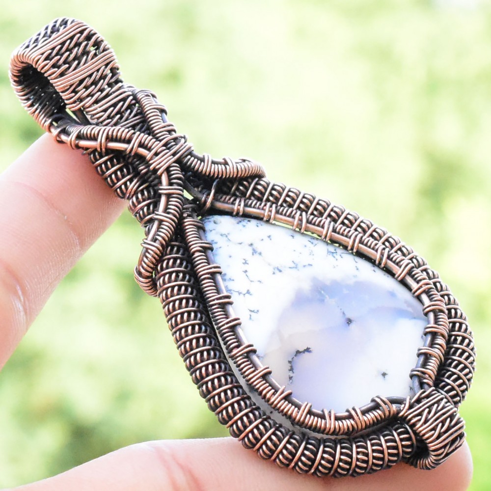 Dendrite Opal Gemstone Handmade Copper Wire Wrapped Pendant Jewelry 2.96 Inch BZ-743