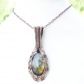 Labradorite Gemstone Handmade Copper Wire Wrapped Pendant Jewelry 3.15 Inch BZ-745