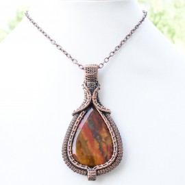 Crazy Lace Agate Gemstone Handmade Copper Wire Wrapped Pendant Jewelry 3.35" BZ-760
