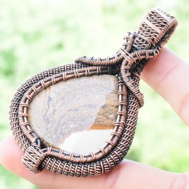 Picture Jasper Gemstone Handmade Copper Wire Wrapped Pendant Jewelry 2.96 Inch BZ-766