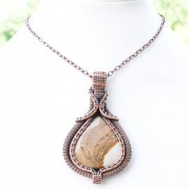 Picture Jasper Gemstone Handmade Copper Wire Wrapped Pendant Jewelry 2.96 Inch BZ-766