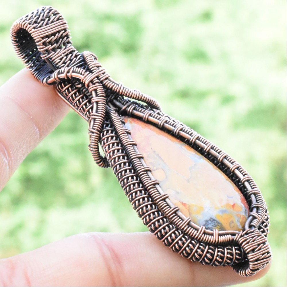 Maligano Jasper Gemstone Handmade Copper Wire Wrapped Pendant Jewelry 3.15 Inch BZ-768