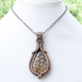 Fossil Coral Gemstone Handmade Copper Wire Wrapped Pendant Jewelry 2.96" BZ-780