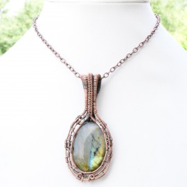 Labradorite Gemstone Handmade Copper Wire Wrapped Pendant Jewelry 2.96 Inch BZ-786