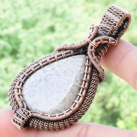 Fossil Coral Gemstone Handmade Copper Wire Wrapped Pendant Jewelry 2.76" BZ-788