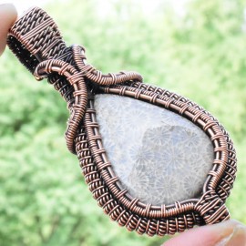 Fossil Coral Gemstone Handmade Copper Wire Wrapped Pendant Jewelry 2.76" BZ-788