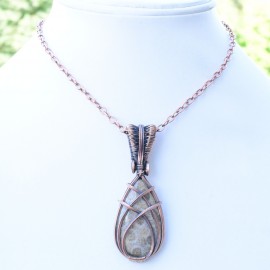 Fossil Coral Gemstone Handmade Copper Wire Wrapped Pendant Jewelry 2.36" BZ-829