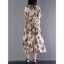 Women Vintage Retro Short Sleeve Cotton Floral Maxi Dress