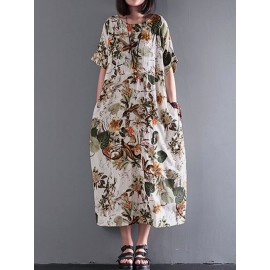 Women Vintage Retro Short Sleeve Cotton Floral Maxi Dress